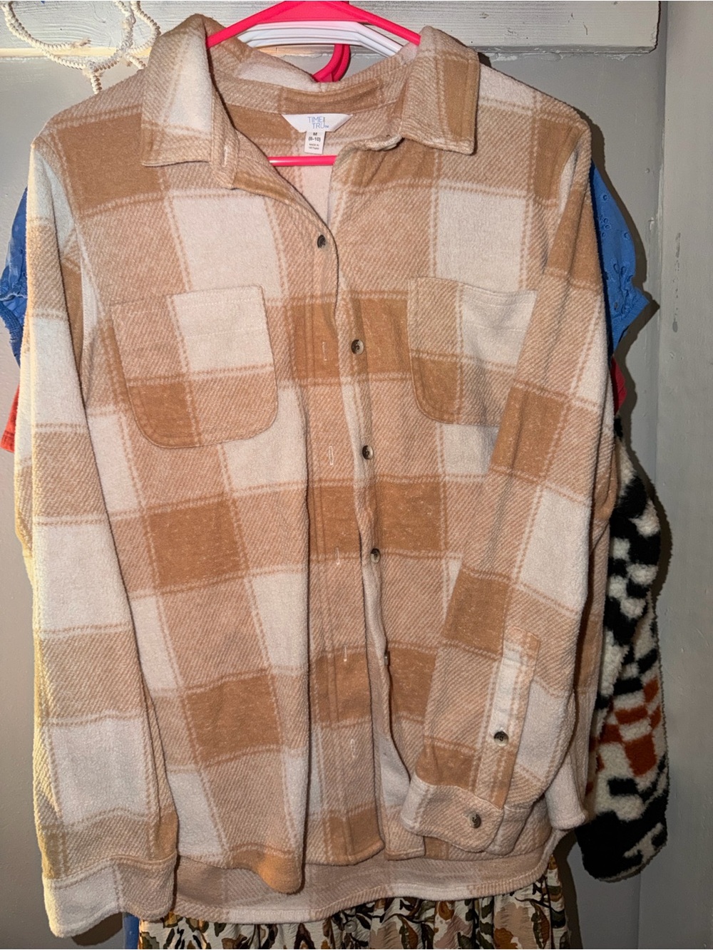 Time and Tru Camel and Cream Plaid Button-Front Shacket